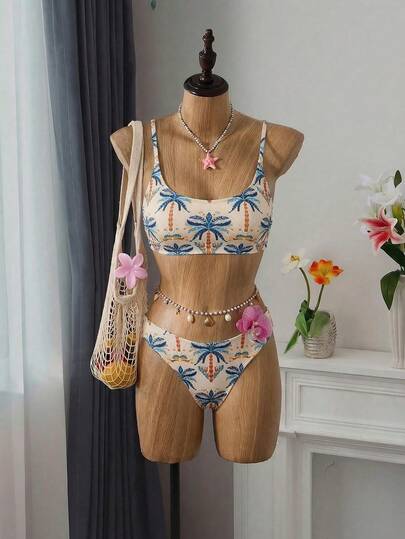 Swim Vcay 女士夏季沙滩椰树印花细肩带时尚比基尼泳装套装