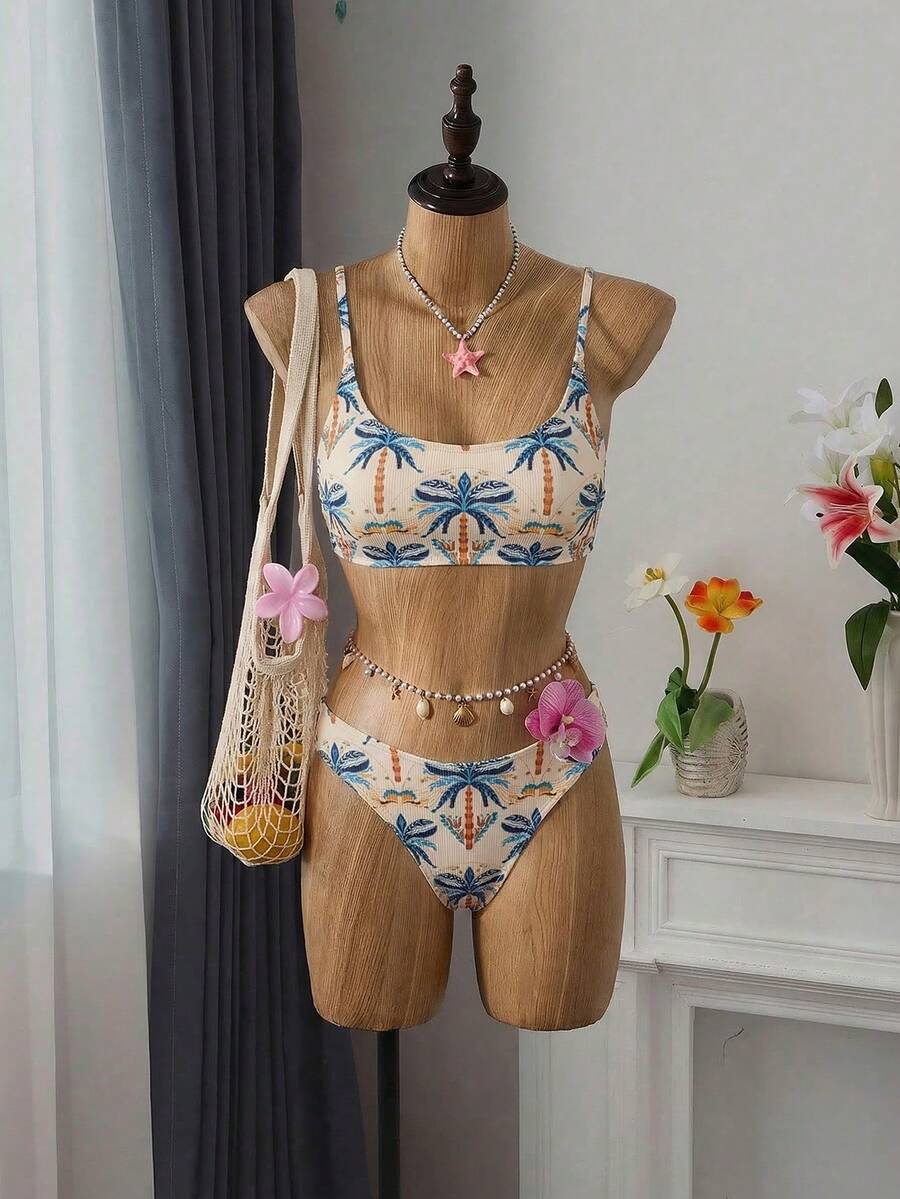 Swim Vcay 女士夏季沙滩椰树印花细肩带时尚比基尼泳装套装 - 彩色 - 查看 1