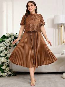 Reflora Vestido elegante de talla grande para mujer con parches, bordados y malla, con dobladillo plisado - Óxido marrón - Ver 10
