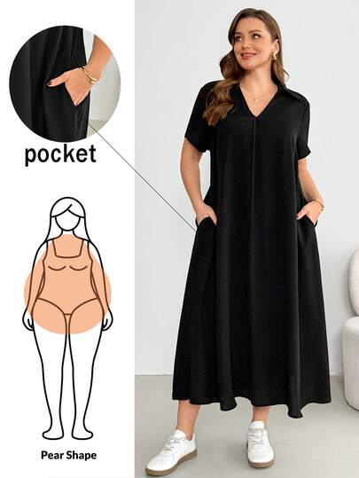 Shapeblank Plus-Size Women's Spring/Summer Fashionable Casual Loose Comfortable Cool Short-Sleeved V-Neck Black Pocket Long Dress,Summer Outfits,Simple Style,Work Dress,European Summer Plus Size Midi Dress Plus Size Dress With Pockets Pocket Dresses For Women Midi Dress With Pockets