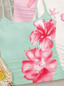 Tween Girl 3-Piece Set Cute Blush Pink Summer Vacation Holiday Tropical Floral Hibiscus Shell Print Fitted Casual Sports Racerback Crop Tank Tops - Multicolor - View 3