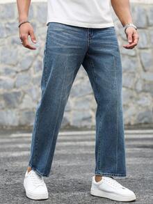 Manfinity Homme Quần jeans dáng suông, cạp trung, màu xanh nhạt, phong cách vintage, thích hợp cho mùa xuân/hè. - Màu xanh lam - Xem 5