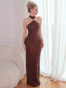 Turnttoni 棕色露背金属扣缀饰直筒亮片优雅连衣裙，适合鸡尾酒会、浪漫约会、秋冬分层连衣裙、派对、正式聚会、万圣节连衣裙、圣诞节连衣裙 - 棕色 - 查看 1