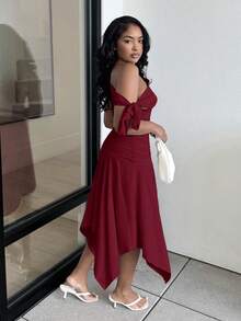 Alexandranx 女士纯白色不对称领带吊带背心上衣 + 不对称下摆高开叉褶皱下摆裙子毕业礼服 - 酒紅色 - 查看 6
