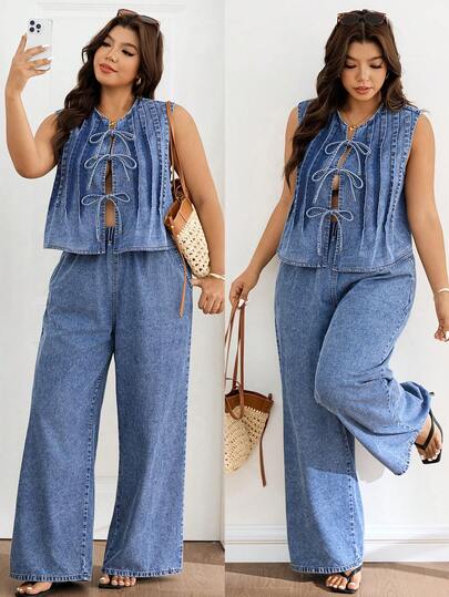 Lounesse Conjunto de 2 piezas de chaleco casual con lazo y pantalones de mezclilla de talla grande