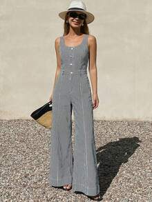 DAZY Bộ jumpsuit denim nữ không tay, dây đeo có thể điều chỉnh, dáng rộng, ống thẳng, phong cách thường ngày. - Xanh và trắng - Xem 1