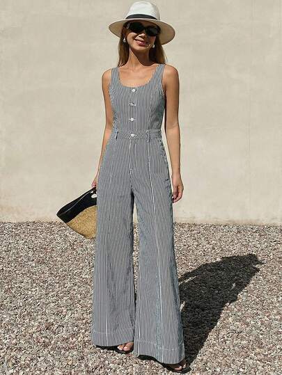 DAZY Bộ jumpsuit denim nữ không tay, dây đeo có thể điều chỉnh, dáng rộng, ống thẳng, phong cách thường ngày.