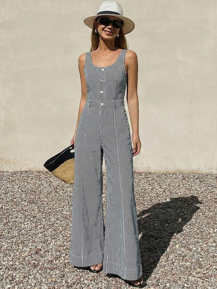 DAZY Bộ jumpsuit denim nữ không tay, dây đeo có thể điều chỉnh, dáng rộng, ống thẳng, phong cách thường ngày. - Xanh và trắng - Xem 1