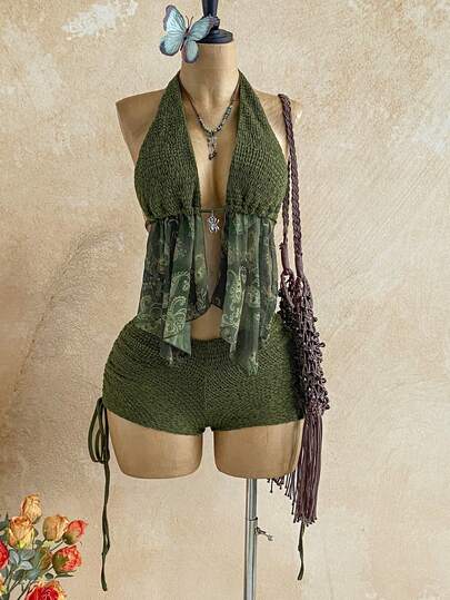 Soleia 2pcs/Set Women's Vacation Halter Backless Tie-Up Fitted Top And Low Waist Ruched Drawstring Shorts, Suitable For Party, Date, Afternoon Tea, Carnival, Sexy And Fashionable Summer Beach Outfit