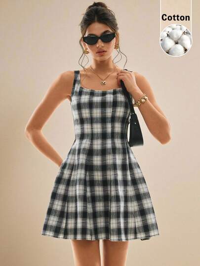 Poéselle Vestido de mujer a cuadros negro y blanco con fruncido y volantes, para primavera/verano