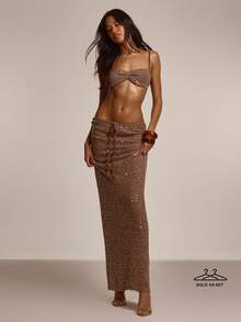 MUSERA Strappy Sequin Open Back Bralet With Low Rise Drawstring Sequin Maxi Skirt Coord Sold As Set Cute Summer Spring Sexy Going Out Beach Holiday Vacation Honey Tides - Cream - View 1