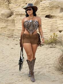 Rustia 大码女式修身复古Y2K棕色流苏系带紧身短裤，性感紧身热裤，适合身材丰满的女士，常规款短裤，低腰修身短裤，春夏+科切拉音乐节/派对 - 棕色 - 查看 7