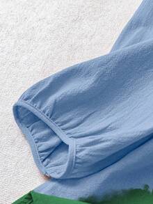 SHEIN LUNE CURVE 女士V领刺绣七分袖亚麻衬衫，宽松夏季上衣，女士亚麻上衣，女士上衣和衬衫，女士休闲优雅夏季上衣，女士上衣 - 霧霾藍 - 查看 5