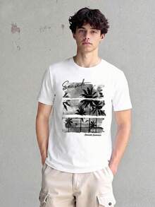 Camiseta de cuello redondo de manga corta con estampado de palma de coco casual para adolescentes, verano - Blanco - Ver 4