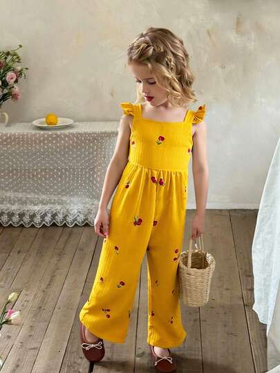 Genkimix Kids 1pc Vintage Casual Slim-Fit Unique Cherry Print Jumpsuit, Suitable For Outdoor Summer And School