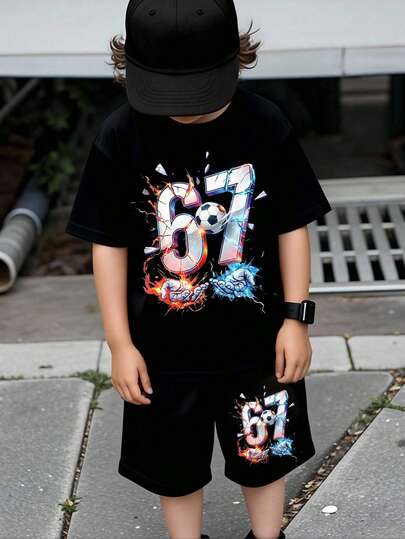 2pcs/Set Tween Boys' Casual Creative Distressed 67 Graphic Icy Element Football Hand Print Short Sleeve T-Shirt And Shorts Set, Comfortable Daily Wear For Spring, Summer & Autumn