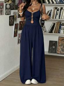 StreetHx Women's Casual Black Hollow Circle Decor Minimalist Jumpsuit, Suitable For Spring And Autumn - Navy Blue - View 4