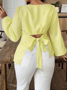 SHEIN LUNE 大码女式格子后系带休闲百搭日常衬衫 - 黃色 - 查看 1