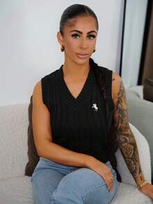 SAYEHFBABY 女式V领扭纹休闲针织骑士图案背心，秋冬 - 黑色 - 查看 6