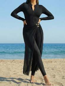 Swim Shayni Women's Modest Black Solid Color Zipper Long Sleeve Top And Long Pants Burkini Set With Skirt,Summer Beach Vacation Wrap Around Dresses For Party - Black - View 7