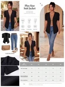 Elenzga Plus Size Women's Solid Color Short Puff Sleeve Casual Minimalist Lightweight Blazer - Black - View 2