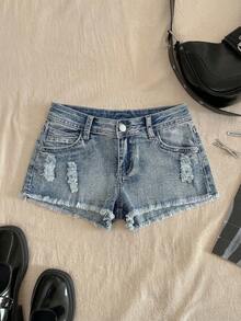 Elamini Y2K 时尚休闲复古水洗低腰牛仔短裤 - 中等水洗藍 - 查看 6