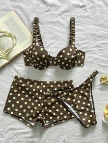 Swim Vcay Vacation Polka Dot Print Steel Bra Swimsuit Top With Pants, Side Ruched Triangle Bottoms & Long Shorts 3-Piece Set - Multicolor - View 4