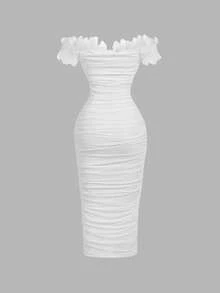 Skyraze Women's Elegant White Summer Bridal Wedding Guest Dress,3D Floral Decor Off-Shoulder Ruched Bodycon Midi Dress,Formal Party Garden Graduation Outfits - White - View 5