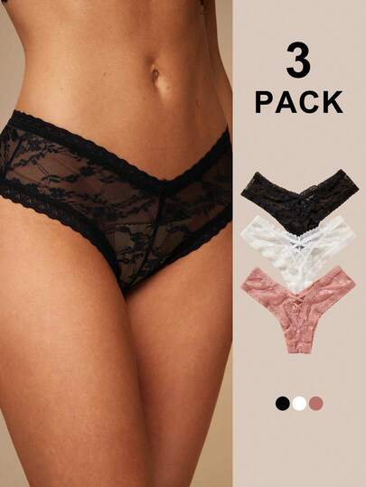 Silquee 3 件装纯色蕾丝边内裤内衣