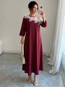 Rafferiza 3D Floral Mesh Sleeve Long Dress For Women - Burgundy - View 3