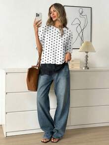 Easowa 女士混纺T恤，优雅蕾丝下摆，短袖休闲圆领上衣，舒适T恤，蕾丝饰边，时尚短袖圆领衬衫 - 彩色 - 查看 4