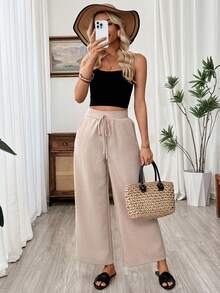 SHEIN Holidaya Women's New Summer Urban Relaxed Linen Wide-Leg Pants – Effortlessly Casual & Lazy Vibe, Perfect Light French Daily Look For Commute And Getaways Woman Summer Outfits - Khaki - View 4