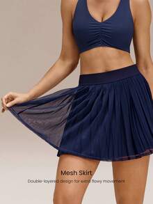 GLOWMODE FeatherFit™-Air Big Serves Lightweight Quick-Dry Double-Layered Built-In Shorts Pleated Mesh Mini Tennis Skirt Tennis Golf Pickleball - Dark Blue - View 2