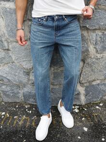 Manfinity Homme Quần jeans dáng suông, cạp trung, màu xanh nhạt, phong cách vintage, thích hợp cho mùa xuân/hè. - Màu xanh lam - Xem 4