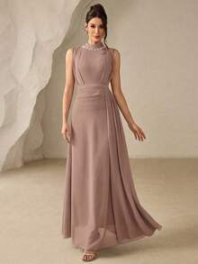 Coutiva 奢华晚礼服，亮片珍珠领，优雅高端正式晚宴礼服 - 卡其色 - 查看 6