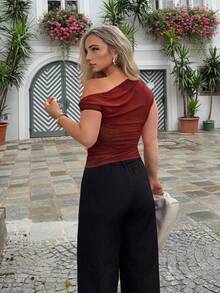 Jeta Ari Women's Asymmetrical Shoulder Tie Dye Print Ruched Asymmetric Neck T-Shirt , Asymmetric Shoulder Top, Spring/Summer , Beach, Commute, Elegant, Sexy, Vacation, Beach, Boho, Hawaii, Music Festival, Romantic, Date - Burgundy - View 2