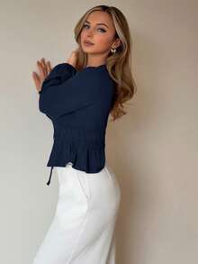 Jeta Ari Women's Solid Color Deep V-Neck Tie Front Elegant Office Wear Long Sleeve Blouse V Neck Blouses For Women Navy Blue Top Women Cinched Waist Top - Navy Blue - View 4