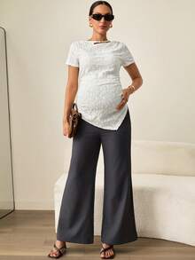 MaterniWear 孕妇镂空设计短袖褶皱不对称下摆修身T恤 - 杏色 - 查看 5