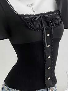 Elamini Women's T-Shirt, Lace Patchwork, Textured Knit, High Elasticity, Slim Fit - Black - View 4