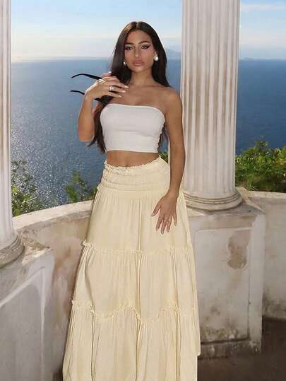 Ronhire 腰部褶皱拼接蛋糕裙喇叭裙，休闲日常度假裙