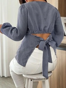 Weeklong Plus Size Casual Plaid Lantern Sleeve Shirt With Back Tie - Navy Blue - View 2