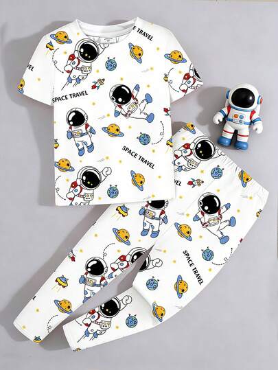 SHEIN 男童宇航员太空印花休闲简约修身圆领短袖睡裤套装，适合所有季节