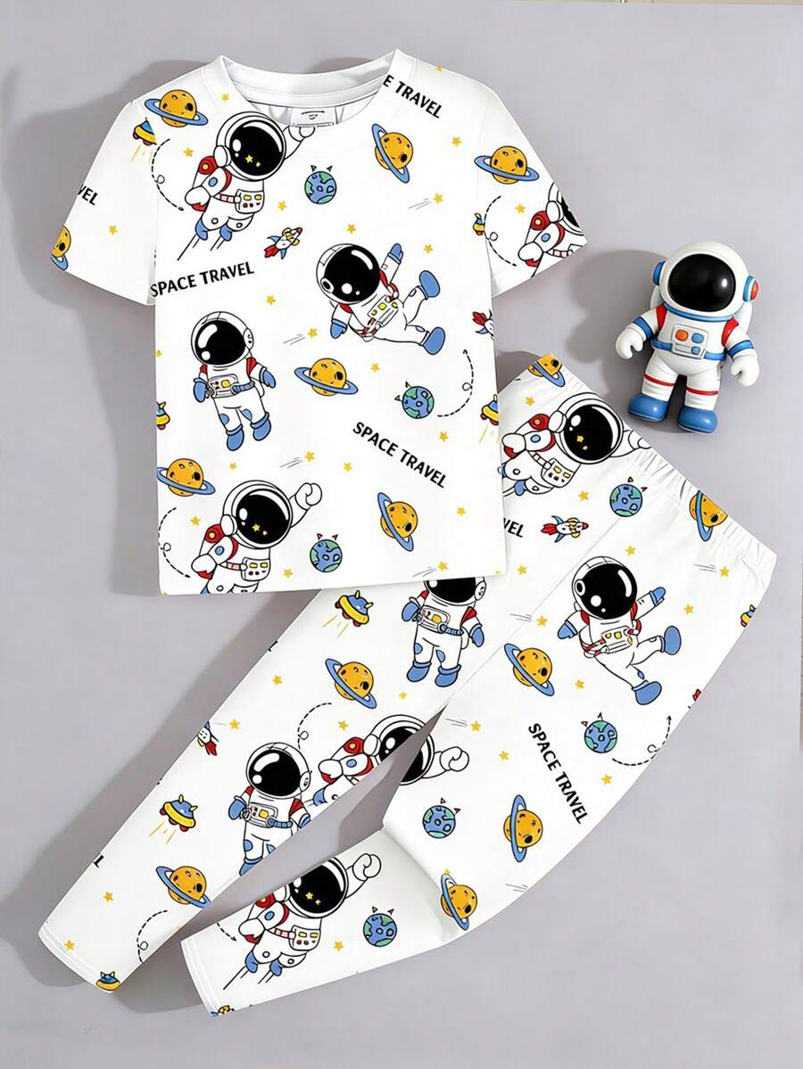 SHEIN 男童宇航员太空印花休闲简约修身圆领短袖睡裤套装,适合所有季节 - 白色 - 查看 1