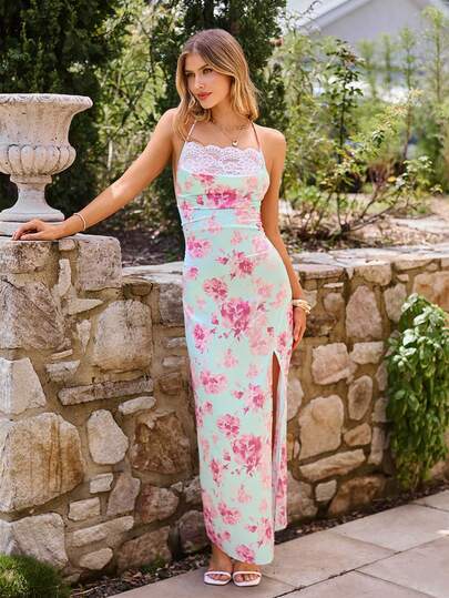 KARISMINA Spring & Summer Vacation Woven Printed Lace Splice Draped Neck Slit Strap Dress For Women