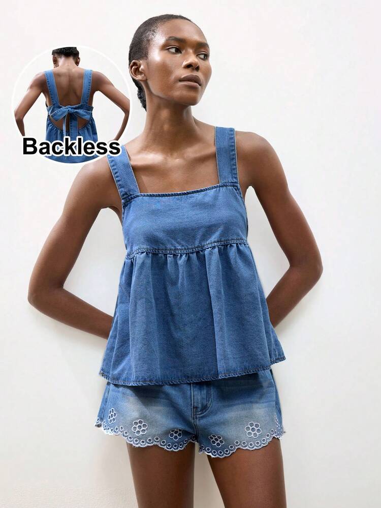 SHEIN Maija Women's Light Blue Denim Top, Square Neck Tank Top, Summer Blouse, Casual Vacation Outfit.Summer Tops, Babydoll Tops Woman, Blue Summer Top