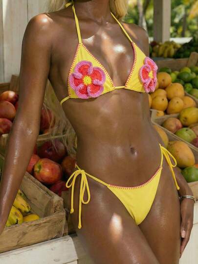 Swim Mod Conjunto de bikini de verano para mujer con top halter de ganchillo floral y sexy