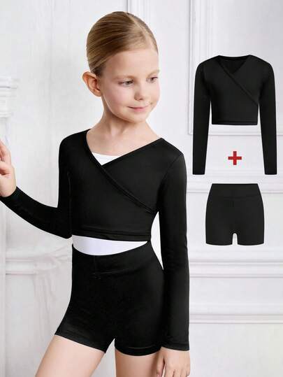 女童黑色时尚运动服户外针织连体衣，舞蹈练习服，蝴蝶结装饰，贴身弹力亲肤舒适柔软运动服