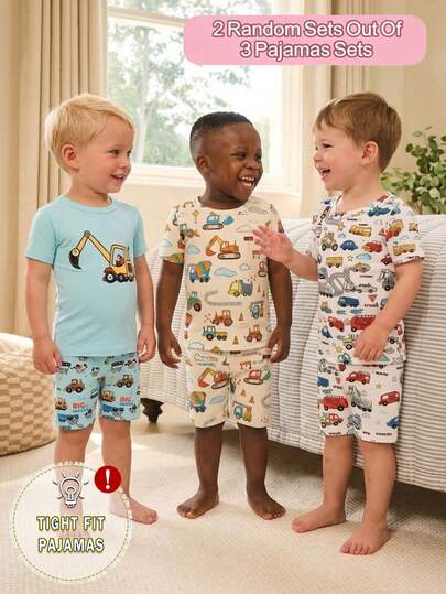[Random 3 Sets, Get 1 Set] Cartoon Vehicle Truck All-Over Print Tight Crew Neck Short Sleeve Shorts Pajama Set For Toddler Boys, Soft & Comfortable Fabric, Suitable For Spring/Summer, Suitable For Indoor & Outdoor Wear