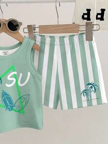 SHEIN Classic Striped Print Soft & Comfortable Casual Outfit For Baby Boy, Suitable For Spring/Summer Wave & Surfing Print Graphic Casual Outfit For Baby Boy, Suitable For Spring/Summer - Multicolor - View 6