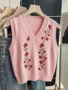 SHEIN LUNE 2025春夏新款叠层设计复古印花V领女士针织背心 - 粉色 - 查看 7